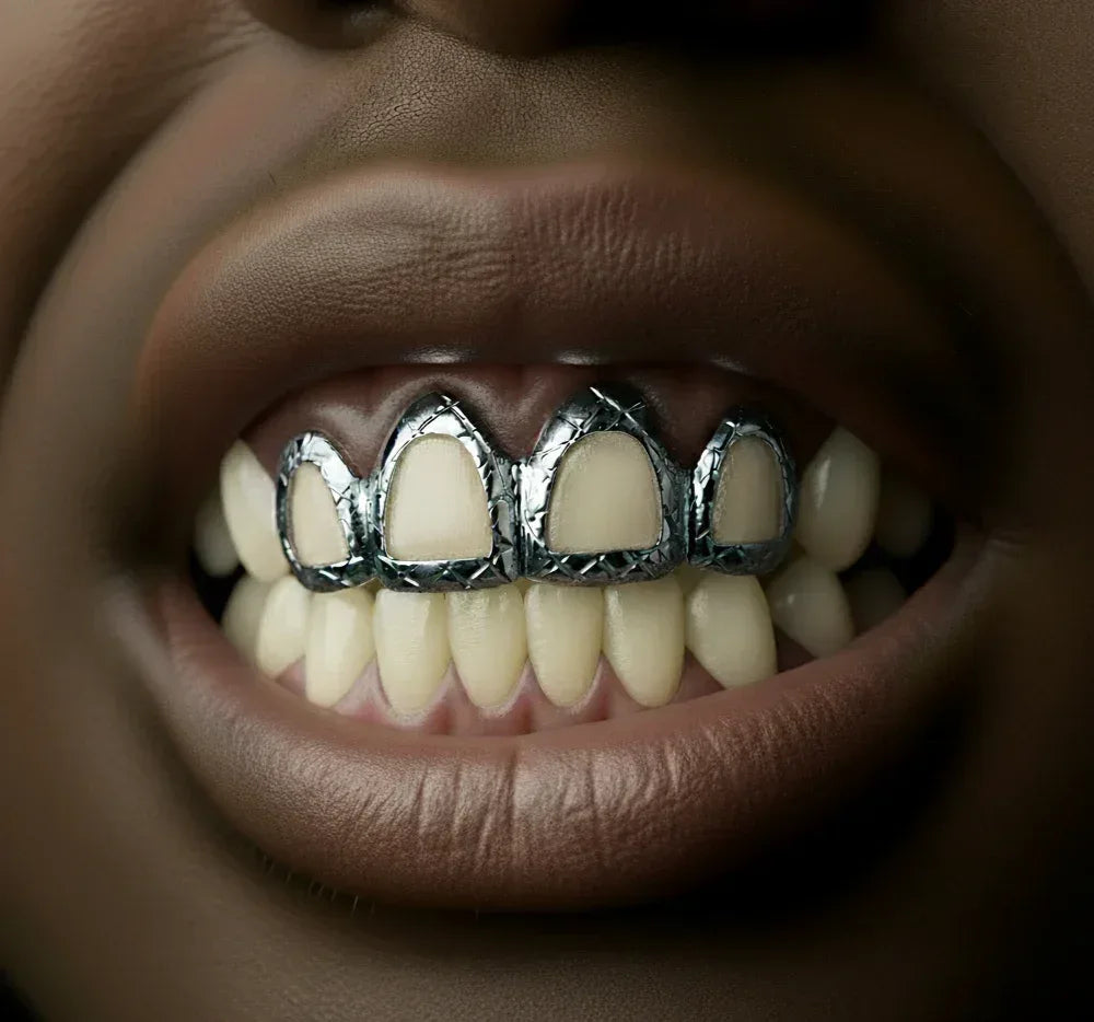4 Silver Teeth: Open Face With Diamond Cutz On Trim image 0